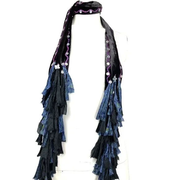 Chan Luu 2 Way Choker Shreds Scarf Boho Long Velvet Blue Purple Black - Picture 1 of 2